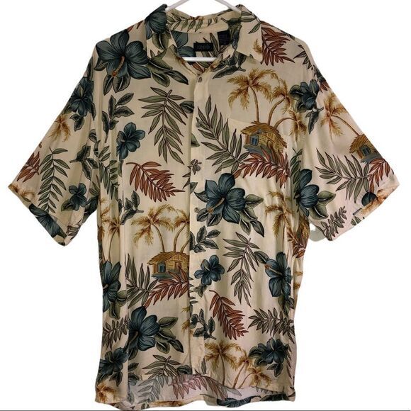 Izod tropical floral Hawaiian print short‎ sleeve button front collared shirt M - Picture 1 of 6